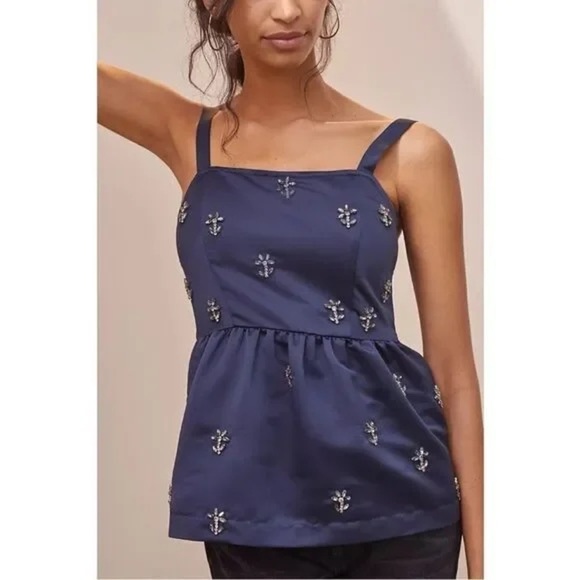 Anthropologie Tops - Anthropologie Dhruv Kapoor Beaded Rhinestone Satin Navy Diamante Sleeveless